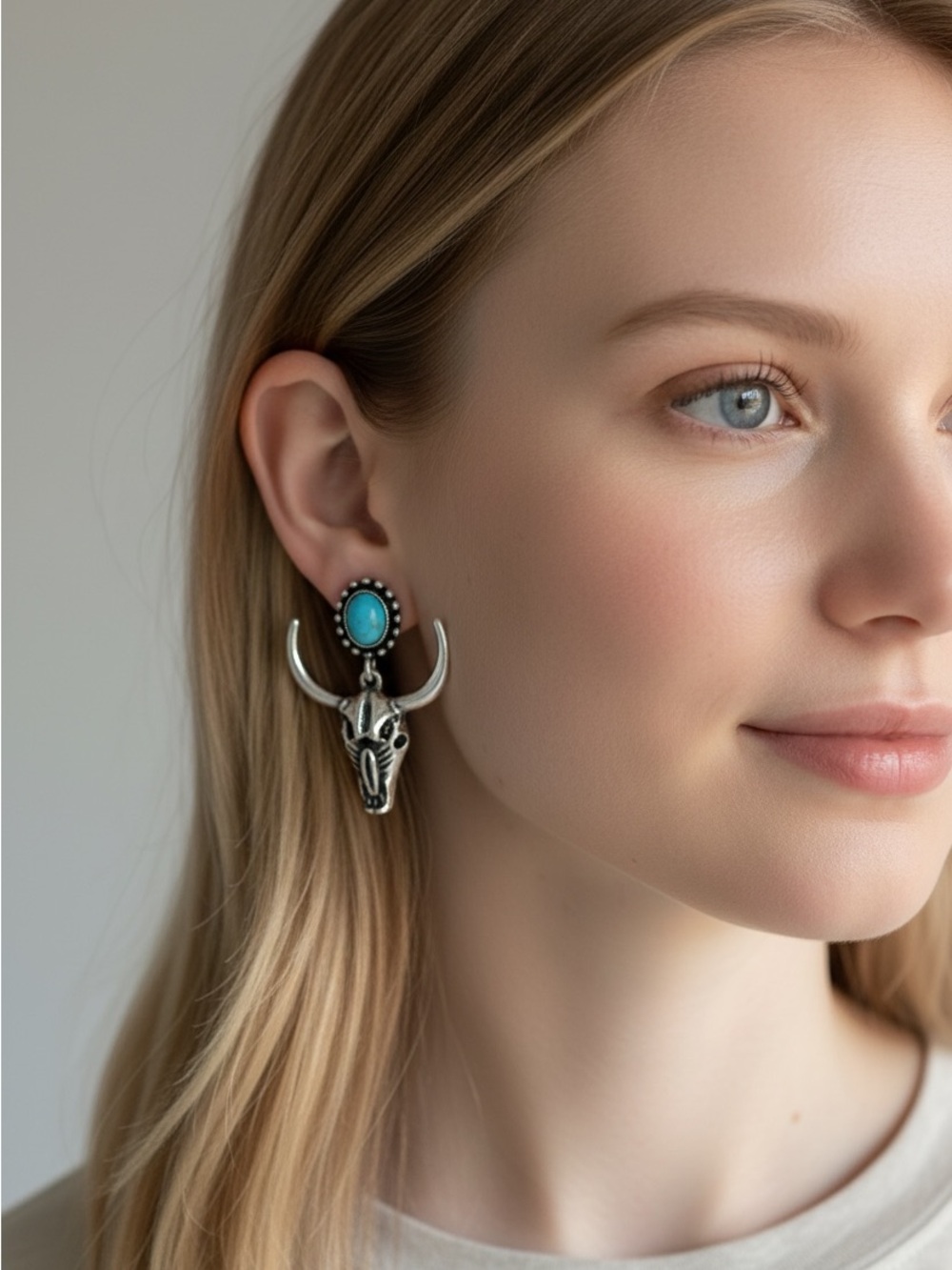 10/11 Turquoise Silver Western Bull Skull Drop Earrings - Women Jewelry